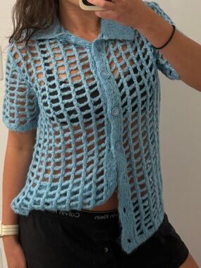 BDG Light Blue Open Knit Short Sleeve Button-Up Top